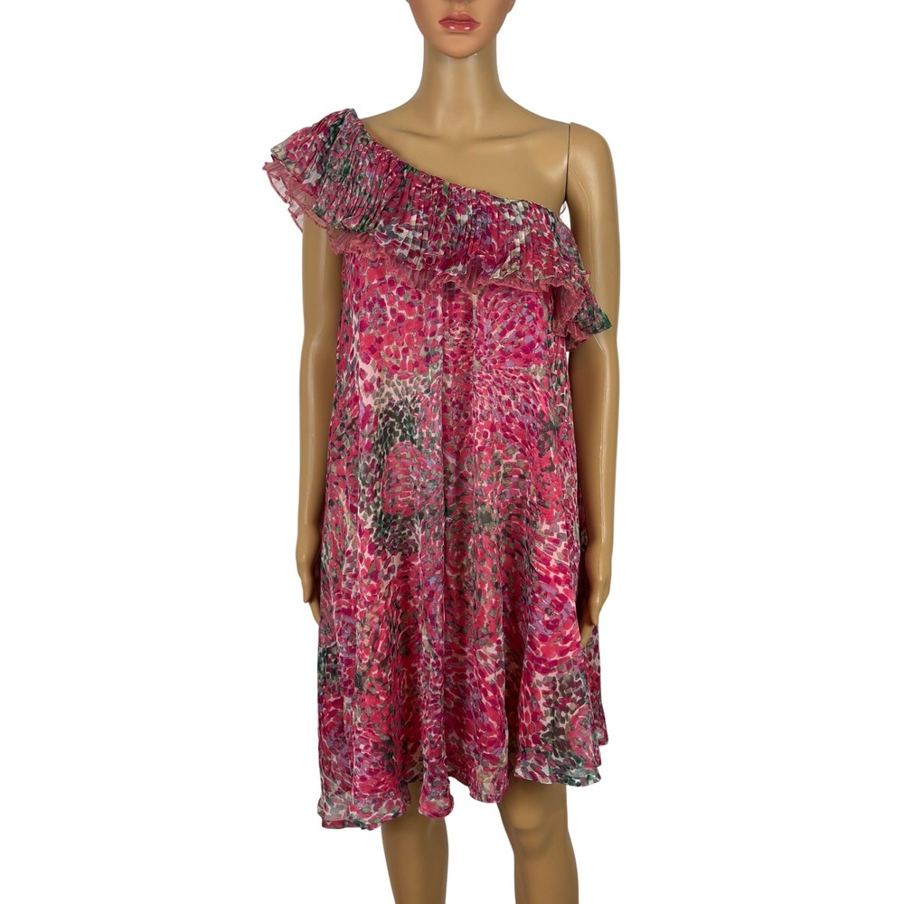 McGinn Dress Women 8 Pink Abstract One Shoulder Ruffle Pleated Spring Summer